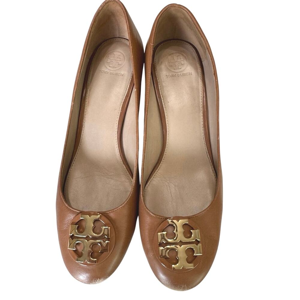 Tory Burch Brown Leather Gold Logo Block Heel Pumps Size 10 NWT NWOB